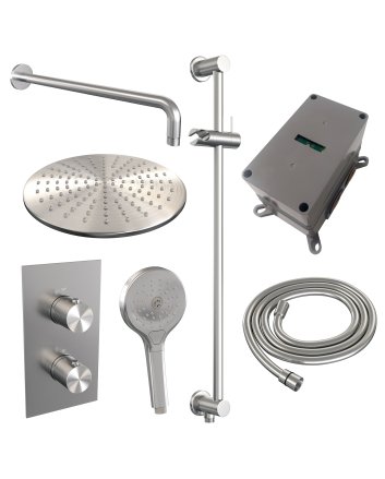 BRAUER Brushed Edition thermostatische inbouw regendouche 3-weg omstelling SET 46 met 30 cm douchekop en gebogen muurarm en 3-standen handdouche en doucheslang en geïntegreerde glijstang RVS geborsteld PVD