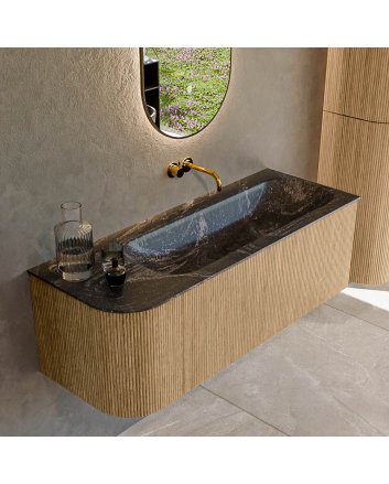 Mondiaz Kurve-Dlux 125cm badmeubel ronding Links kleur Oak met 1 lade en 1 deur. Wastafel Big medium Rechts zonder kraangat Lava.