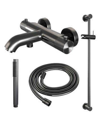 BRAUER Gunmetal Carving opbouw baddouche thermostaatkraan SET 01 met glijstang en staaf handdouche en doucheslang gunmetal geborsteld PVD