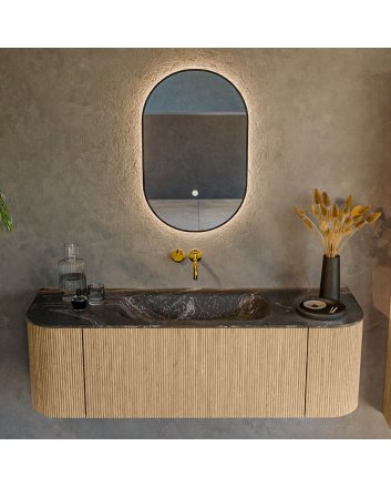 Mondiaz Kurve-Dlux 140cm badmeubel ronding Links + Rechts kleur Oak met 1 lade en 2 deuren. Wastafel Big small Midden zonder kraangat Lava.