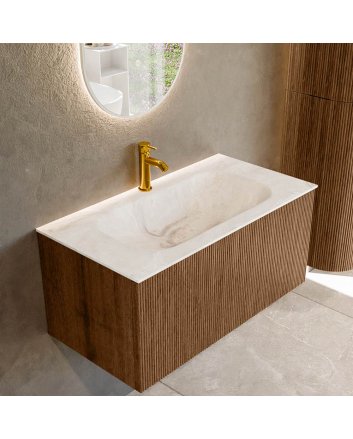 Mondiaz Kurve-Dlux 90cm badmeubel kleur Walnut met 1 lade en 0 deuren. Wastafel Big small Midden 1 kraangat Frappe.