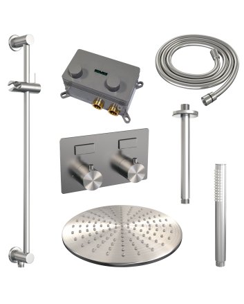 BRAUER Brushed Edition thermostatische inbouw regendouche met drukknoppen SET 66 met 30 cm douchekop en plafondarm en staaf handdouche en doucheslang en geïntegreerde glijstang RVS geborsteld PVD