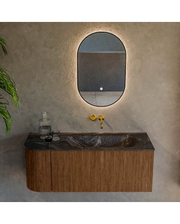 Mondiaz Kurve-Dlux 115cm badmeubel ronding Links kleur Walnut met 1 lade en 1 deur. Wastafel Big small Rechts zonder kraangat Lava.