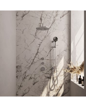 BRAUER Chrome Carving thermostatische inbouw regendouche SET 22 met 30 cm douchekop en gebogen muurarm en 3-standen handdouche en doucheslang en geïntegreerde glijstang chroom
