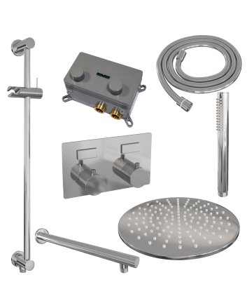 BRAUER Chrome Carving thermostatische inbouw regendouche met drukknoppen SET 62 met 30 cm douchekop en rechte muurarm en staaf handdouche en doucheslang en geïntegreerde glijstang chroom