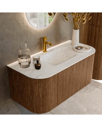 Mondiaz Kurve-Dlux 100cm badmeubel ronding Links + Rechts kleur Walnut met 1 lade en 2 deuren. Wastafel Grunne Midden 1 kraangat Opalo.
