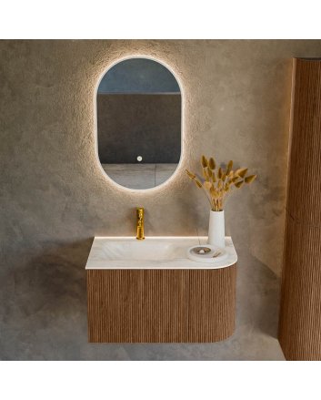 Mondiaz Kurve-Dlux 75cm badmeubel ronding Rechts kleur Walnut met 1 lade en 1 deur. Wastafel Grunne Links 1 kraangat Ostra.