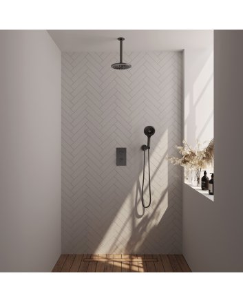 BRAUER Gunmetal Edition thermostatische inbouw regendouche 3-weg omstelling SET 35 met 20 cm douchekop en plafondarm en 3-standen handdouche en doucheslang en wandaansluitbocht gunmetal geborsteld PVD