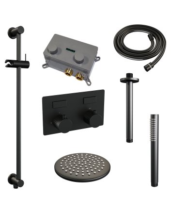 BRAUER Black Carving thermostatische inbouw regendouche met drukknoppen SET 65 met 20 cm douchekop en plafondarm en staaf handdouche en doucheslang en geïntegreerde glijstang mat zwart