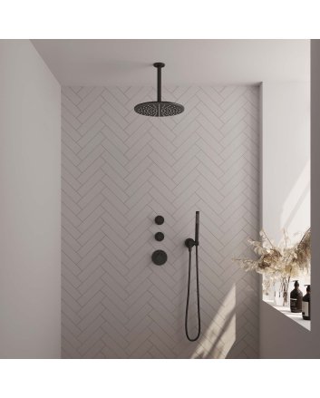 BRAUER Black Edition thermostatische inbouw regendouche SET 06 met 30 cm douchekop en plafondarm en staaf handdouche en doucheslang en wandaansluitbocht mat zwart