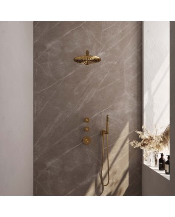 BRAUER Gold Carving thermostatische inbouw regendouche SET 02 met 30 cm douchekop en rechte muurarm en staaf handdouche en doucheslang en wandaansluitbocht goud geborsteld PVD