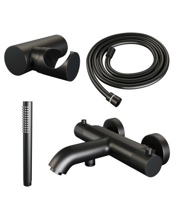 BRAUER Black Carving opbouw baddouche thermostaatkraan SET 03 met wandhouder en staaf handdouche en doucheslang mat zwart