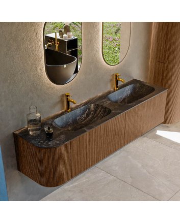 Mondiaz Kurve-Dlux 175cm badmeubel ronding Links kleur Walnut met 2 lades en 1 deur. Wastafel Stor small Dubbel / Rechts 2 kraangaten Lava.