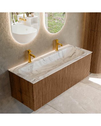 Mondiaz Kurve-Dlux 120cm badmeubel kleur Walnut met 1 lade en 0 deuren. Wastafel Big large Midden 2 kraangaten Glace.