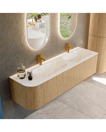 Mondiaz Kurve-Dlux 165cm badmeubel ronding Links kleur Oak met 2 lades en 1 deur. Wastafel Stor small Dubbel / Rechts 2 kraangaten Ostra.