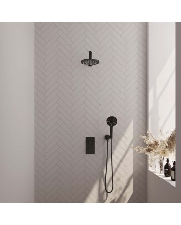 BRAUER Black Edition thermostatische inbouw regendouche 3-weg omstelling SET 31 met 20 cm douchekop en rechte muurarm en 3-standen handdouche en doucheslang en wandaansluitbocht mat zwart