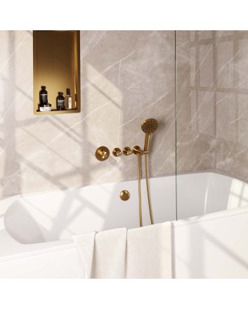 BRAUER Gold Carving thermostatische inbouw badkraan SET 02 met badvulcombinatie en 3-standen handdouche en doucheslang en wandaansluitbocht goud geborsteld PVD