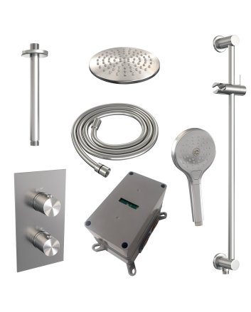 BRAUER Brushed Edition thermostatische inbouw regendouche 3-weg omstelling SET 47 met 20 cm douchekop en plafondarm en 3-standen handdouche en doucheslang en geïntegreerde glijstang RVS geborsteld PVD
