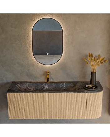 Mondiaz Kurve-Dlux 135cm badmeubel ronding Rechts kleur Oak met 1 lade en 1 deur. Wastafel Big medium Links 1 kraangat Lava.