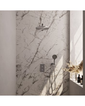 BRAUER Brushed Carving thermostatische inbouw regendouche 3-weg omstelling SET 32 met 30 cm douchekop en rechte muurarm en 3-standen handdouche en doucheslang en wandaansluitbocht RVS geborsteld PVD