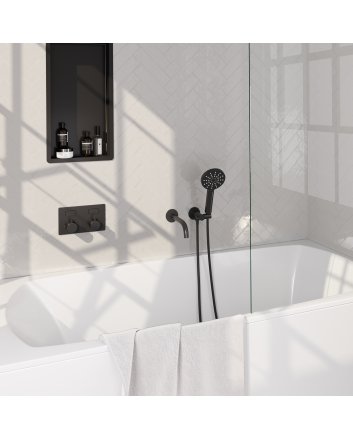 BRAUER Black Edition thermostatische inbouw badkraan met drukknoppen SET 04 met uitloop en 3-standen handdouche en doucheslang en wandaansluitbocht mat zwart