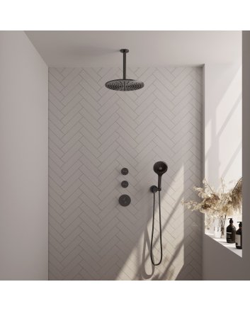 BRAUER Gunmetal Edition thermostatische inbouw regendouche SET 12 met 30 cm douchekop en plafondarm en 3-standen handdouche en doucheslang en wandaansluitbocht gunmetal geborsteld PVD