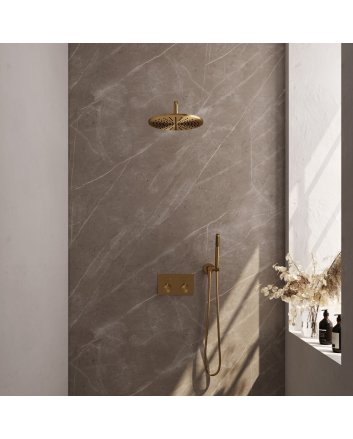 BRAUER Gold Edition thermostatische inbouw regendouche met drukknoppen SET 52 met 30 cm douchekop en gebogen muurarm en staaf handdouche en doucheslang en wandaansluitbocht goud geborsteld PVD