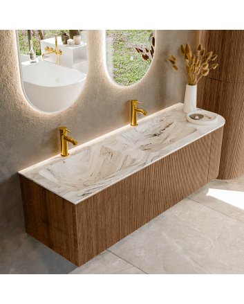 Mondiaz Kurve-Dlux 145cm badmeubel ronding Rechts kleur Walnut met 1 lade en 1 deur. Wastafel Leaf Dubbel / Links 2 kraangaten Glace.