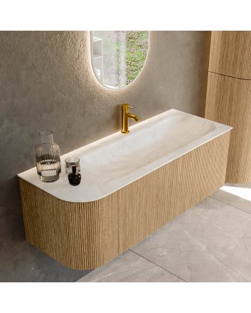 Mondiaz Kurve-Dlux 125cm badmeubel ronding Links kleur Oak met 1 lade en 1 deur. Wastafel Big medium Rechts 1 kraangat Ostra.