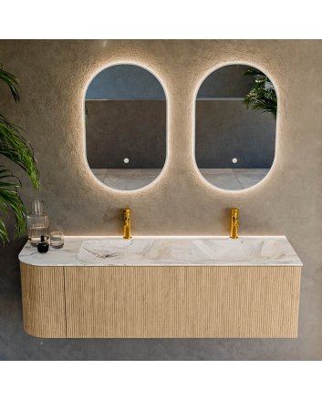 Mondiaz Kurve-Dlux 145cm badmeubel ronding Links kleur Oak met 1 lade en 1 deur. Wastafel Leaf Dubbel / Rechts 2 kraangaten Glace.