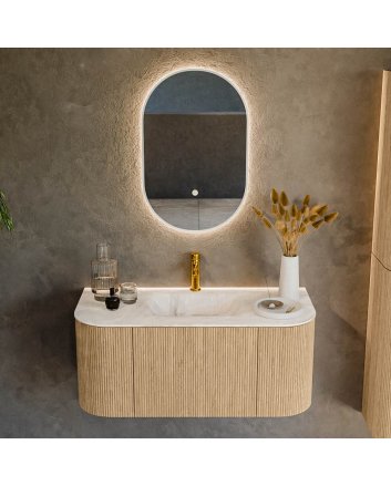 Mondiaz Kurve-Dlux 100cm badmeubel ronding Links + Rechts kleur Oak met 1 lade en 2 deuren. Wastafel Grunne Midden 1 kraangat Frappe.