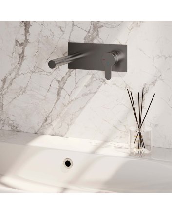 BRAUER Brushed Edition inbouw wastafelmengkraan met rechte uitloop en afdekplaat model D1 RVS geborsteld PVD