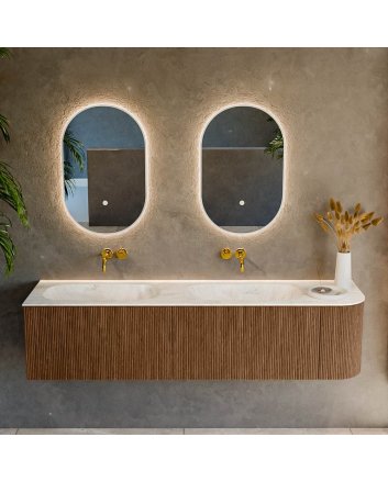 Mondiaz Kurve-Dlux 175cm badmeubel ronding Rechts kleur Walnut met 2 lades en 1 deur. Wastafel Stor small Dubbel / Links zonder kraangat Ostra.