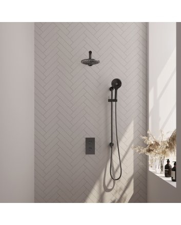 BRAUER Gunmetal Edition thermostatische inbouw regendouche 3-weg omstelling SET 43 met 20 cm douchekop en rechte muurarm en 3-standen handdouche en doucheslang en geïntegreerde glijstang gunmetal geborsteld PVD