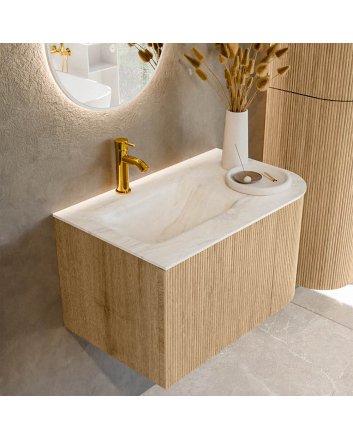 Mondiaz Kurve-Dlux 75cm badmeubel ronding Rechts kleur Oak met 1 lade en 1 deur. Wastafel Grunne Links 1 kraangat Ostra.