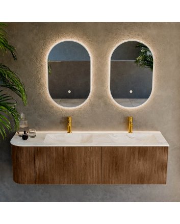 Mondiaz Kurve-Dlux 155cm badmeubel ronding Links kleur Walnut met 2 lades en 1 deur. Wastafel Leaf Dubbel / Rechts 2 kraangaten Ostra.