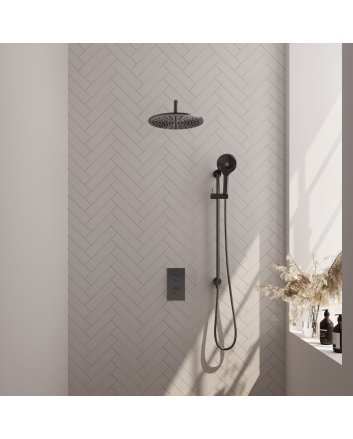 BRAUER Gunmetal Edition thermostatische inbouw regendouche 3-weg omstelling SET 46 met 30 cm douchekop en gebogen muurarm en 3-standen handdouche en doucheslang en geïntegreerde glijstang gunmetal geborsteld PVD