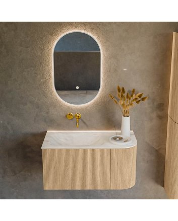 Mondiaz Kurve-Dlux 85cm badmeubel ronding Rechts kleur Oak met 1 lade en 1 deur. Wastafel Cloud Links zonder kraangat Ostra.