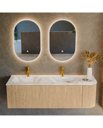 Mondiaz Kurve-Dlux 145cm badmeubel ronding Rechts kleur Oak met 1 lade en 1 deur. Wastafel Leaf Dubbel / Links 2 kraangaten Glace.
