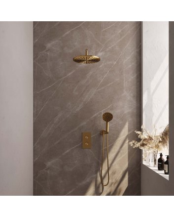 BRAUER Gold Carving thermostatische inbouw regendouche 3-weg omstelling SET 34 met 30 cm douchekop en gebogen muurarm en 3-standen handdouche en doucheslang en wandaansluitbocht goud geborsteld PVD