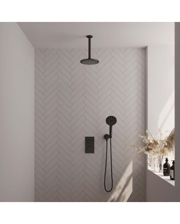 BRAUER Black Edition thermostatische inbouw regendouche 3-weg omstelling SET 35 met 20 cm douchekop en plafondarm en 3-standen handdouche en doucheslang en wandaansluitbocht mat zwart