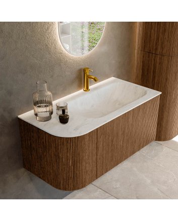 Mondiaz Kurve-Dlux 95cm badmeubel ronding Links kleur Walnut met 1 lade en 1 deur. Wastafel Big small Rechts 1 kraangat Opalo.