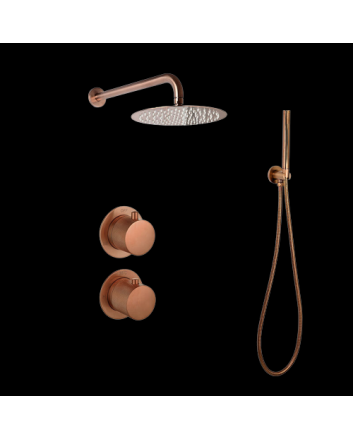 Sani DeLuxe Doucheset inbouw met box thermostaat, muurbevestiging / afwerkringen / douchekop 25 cm rond Brons met geribbeld knop