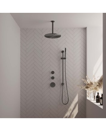 BRAUER Gunmetal Carving thermostatische inbouw regendouche SET 18 met 30 cm douchekop en plafondarm en staaf handdouche en doucheslang en geïntegreerde glijstang gunmetal geborsteld PVD