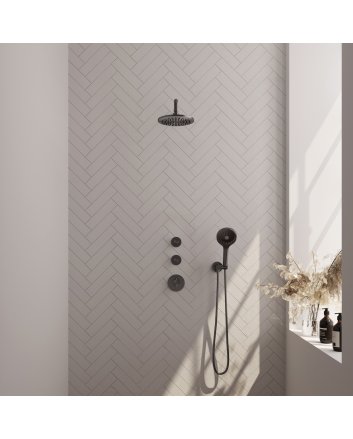 BRAUER Gunmetal Edition thermostatische inbouw regendouche SET 09 met 20 cm douchekop en gebogen muurarm en 3-standen handdouche en doucheslang en wandaansluitbocht gunmetal geborsteld PVD