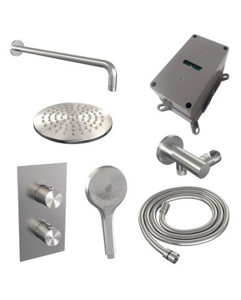 BRAUER Brushed Edition thermostatische inbouw regendouche 3-weg omstelling SET 33 met 20 cm douchekop en gebogen muurarm en 3-standen handdouche en doucheslang en wandaansluitbocht RVS geborsteld PVD