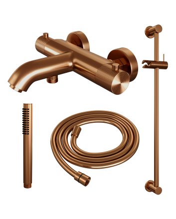 BRAUER Copper Carving opbouw baddouche thermostaatkraan SET 01 met glijstang en staaf handdouche en doucheslang koper geborsteld PVD