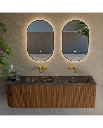 Mondiaz Kurve-Dlux 145cm badmeubel ronding Links kleur Walnut met 1 lade en 1 deur. Wastafel Leaf Dubbel / Rechts zonder kraangat Lava.