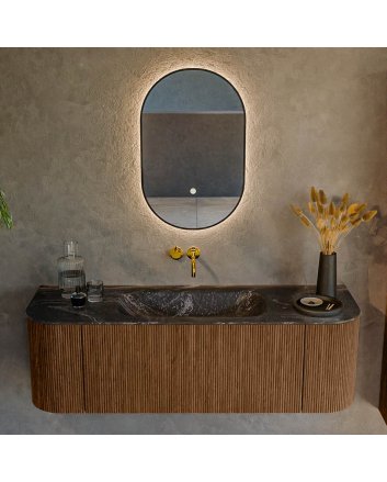 Mondiaz Kurve-Dlux 140cm badmeubel ronding Links + Rechts kleur Walnut met 1 lade en 2 deuren. Wastafel Big small Midden zonder kraangat Lava.
