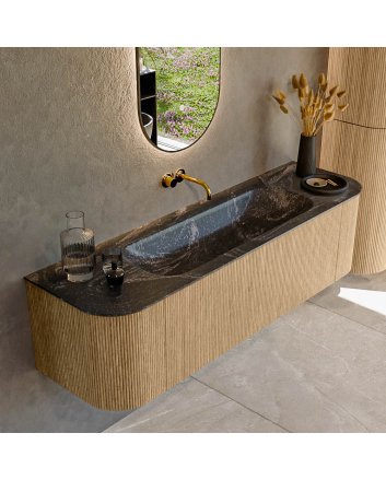 Mondiaz Kurve-Dlux 160cm badmeubel ronding Links + Rechts kleur Oak met 1 lade en 2 deuren. Wastafel Big medium Midden zonder kraangat Lava.